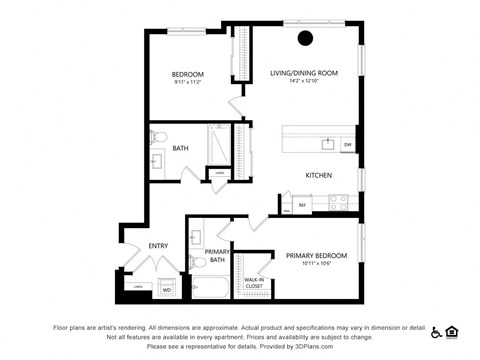 Floor plan for 2 beds, 2 baths, 1022 sqft